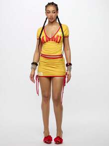 SUMWON WOMEN Vibrant V Neck Graphic T Shirt Festival Summer Tee Stylish Campus Casual Day Wear Super Fan Jersey - Yellow - View 3