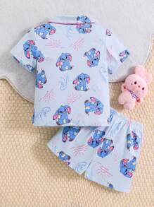 Girls Cute Cartoon Floppy Ear Blue Rabbit Print Short Sleeve Shorts 2pcs Casual Homewear Sets Baby Clothes - Blue - View 2