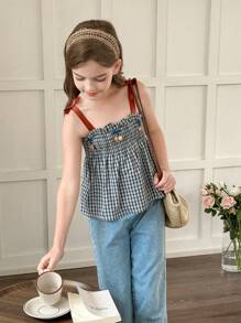 SHEIN Vintaside Kids Girls' Versatile Stylish Checkered Bow Camisole Vest And Fashionable Casual Long Jeans Set, Suitable For Outings, Vacations, Family Gatherings, Shopping, And Daily Wear - Multicolor - View 4