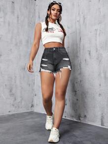 SHEIN Privé 夏季休闲洗水破洞牛仔短裤 - 深灰色 - 查看 4