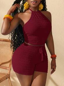 全新春夏女装时尚音乐节、复活节、纳什维尔、生日派对、毕业典礼、学生、休闲日常穿着、基本百搭、休闲、邮轮旅行、海滩、日光浴、街头风格绑带性感露背套装 - 酒紅色 - 查看 5