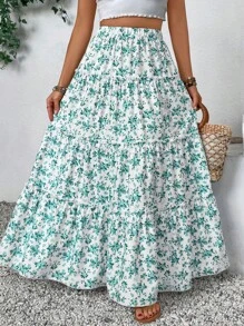 SHEIN VCAY Plus Size Ditsy Floral Skirt, Casual & Relaxing - Teal Blue - View 1