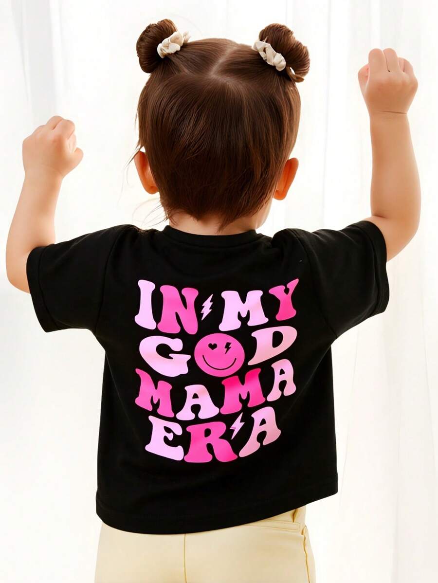 SHEIN Baby Girls Casual Cute Slogan Print Round Neck Short Sleeve Top, Soft & Comfortable Knit Fabric, Suitable For Daily Wear, Outdoor Activities And Mother's Day Photos, For 6M-3Y - Black - View 1