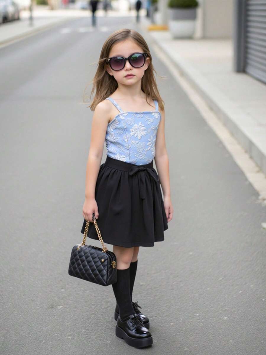 SHEIN Young Girls' Dreamy Blue Embossed 3D Floral Pattern Camisole Top, Versatile Daily Wear Piece - Blue - View 1