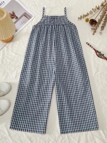 SHEIN Elladie kids Young Girl Plaid Cherry Embroidered Wide Leg Jumpsuit With Suspenders - Multicolor - View 2