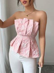 Rafferiza 女士优雅花卉抹胸不对称下摆上衣 - 粉色 - 查看 3