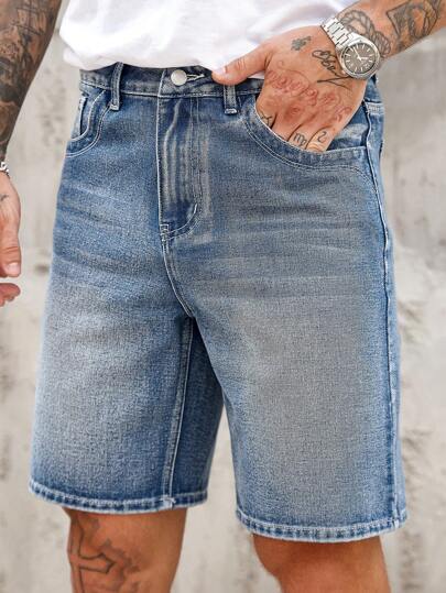 Manfinity Homme Men's Dark Blue Washed Denim Casual Straight Leg Comfortable Shorts Jorts Street Hang Out Urban Workout