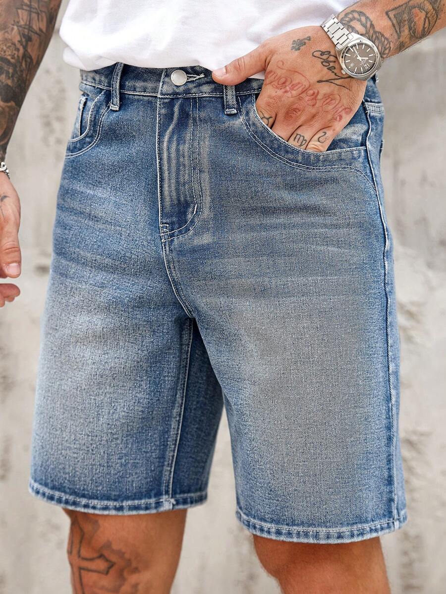 Manfinity Homme 男士深蓝色水洗牛仔休闲直筒舒适短裤 - 中等水洗藍 - 查看 1