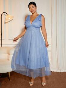 Allurite Plus Size Women's Elegant Dignified Polka Dot Silver Foil Mesh Bowknot V-Neck Ruched Waist A-Line Mesh Dress, Prom - Blue - View 3