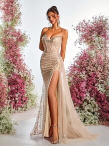 Glamrae 优雅奢华珍珠和亮片网眼拼布手工水钻装饰露肩紧身胸衣侧高开叉美人鱼尾飘逸拖尾正式晚礼服、派对礼服，适合婚礼宾客 - 香檳色 - 查看 4