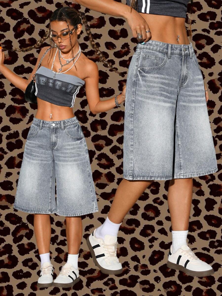 SHEIN ICON Quần short denim ống rộng giặt thường ngày cho nữ - Xám - Xem 1