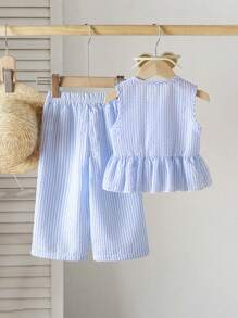 SHEIN Conjunto de 2 piezas de parte superior sin mangas de rayas y pantalones de pierna ancha para niñas bebés y niñas pequeñas de 0 a 3 años, ideal para uso casual, diario y de vacaciones en primavera y verano