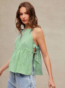 WESTFADE Summer Gingham Checkered Plaid Bow Side Tie Sleeveless A Line Tank Top Cowgirl - Green - View 3