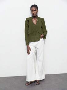 Maija 2025 New Sage Green Ruffle Trim Open Front Romantic Casual Women Shirt, Business Casual Commute Elegant Beach Resort Suitable For Wedding Guest, Countryside Music Festival, Brunch, Airport, 90s Vintage,Autumn Outfits For Women - Army Green - View 4