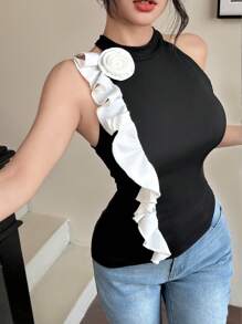 Modelyn Women's Knitted 3D Floral Patchwork Slim Fit Elegant Top, Korean Style