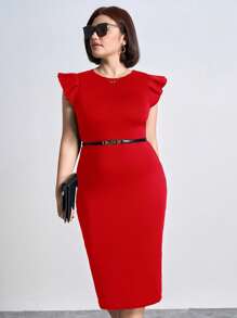 Chikora Vestido ajustado de manga corta en color liso elegante y apropiado para la oficina, para mujeres de talla grande - Rojo - Ver 6