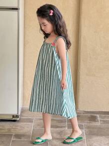 SHEIN Genkimix Kids Vestito estivo casual e senza maniche da ragazza, linea ad A, morbido, con stampa a fette di cocomero, dolce e carino