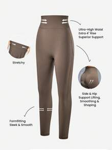 LUVLETTE Women's Seamless Wide Waistband Waist Elegance Yoga Fitness Active Gym Basic Leggings - Brown - View 4