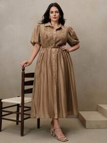 Anewsta Vestido largo elegante de mujer con mangas abullonadas, cuello y parches de encaje - Café integral - Ver 5