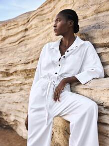 Maija 女式秋季白色牛仔连体裤，轻盈牛仔 3/4 袖，休闲抽绳腰部，百搭都市休闲套装，适合办公室穿着 - 白色 - 查看 6