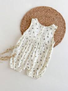 Loomiva Baby Girl Floral Print Round Neck Ruffle Hem Sleeveless Romper - Multicolor - View 2