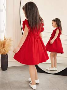 SHEIN Vestido elegante con ajuste entallado y decoración floral 3D, mangas de campana y bajo con volantes, para un estilo casual de vacaciones para niñas jóvenes - Rojo - Ver 2