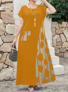 EMERY ROSE Váy dài thường ngày in họa tiết tương phản cỡ lớn, trang phục mùa xuân cho phụ nữ, trang phục đi nghỉ nhiệt đới cho phụ nữ - Màu vàng - Xem 3