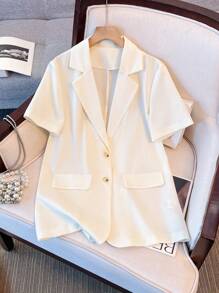 SHEIN LUNE Damen schicke Blazerjacke mit Kurzen Ärmeln, lose sitzende leichte Strickjacke, geeignet für Dates, Ausflüge, Urlaub, Pendeln, Geschäft, Hochzeiten, Karneval, Ostern, Musik-Festivals