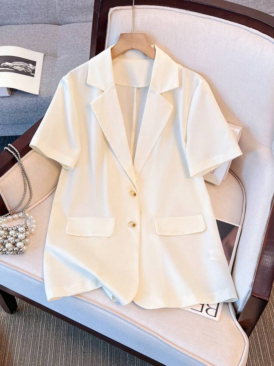 SHEIN LUNE Damen schicke Blazerjacke mit Kurzen Ärmeln, lose sitzende leichte Strickjacke, geeignet für Dates, Ausflüge, Urlaub, Pendeln, Geschäft, Hochzeiten, Karneval, Ostern, Musik-Festivals