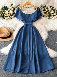 DreamSkyne Exquisite & Elegant  Plus Size Off-Shoulder Ruffle Hem Button Accent Waist Tie Elegant Vacation Dress, Blue - Blue - View 2