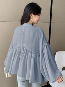 DAZY Women's Solid Color Standing Collar Long Sleeve Pleated Casual Vacation Blouse, Spring/Summer