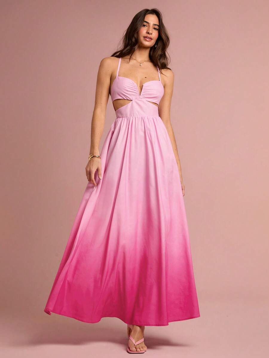 Enchnt 春夏浪漫女式渐变玫瑰粉色腰部镂空细肩带露背长裙，甜美优雅性感，适合度假、约会、节日、派对、毕业典礼、婚礼宾客和海滩，舞会礼服，女士夏季连衣裙，女士太阳裙，夏季服装，优雅派对连衣裙，波西米亚服装 - 粉色 - 查看 1