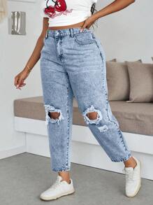 Dripcurv 大码宽松破洞锥形七分裤长牛仔裤，蓝色 - 淺色水洗藍 - 查看 4