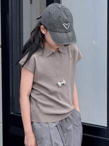 Dazy Kids Suéter polo de manga corta de unicolor para niñas preadolescentes, ropa de verano y regreso a clases - Gris - Ver 8