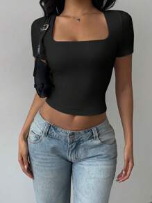 SHEIN BASICS Solid Color Knit Convertible Collar Fitted Cropped Women Top - Black - View 5