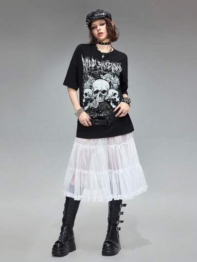Grunge Punk Camiseta holgada de mujer con gráfico de rosa y calavera gótica, estilo punk, para el verano
