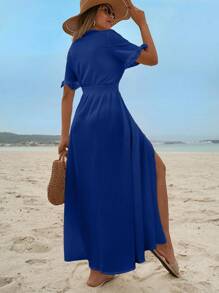 EURMUSE Solid Color Ruffle Trim Dress For Women, Button Front - Blue - View 2