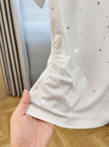 SHEIN LUNE 女式休闲圆领水钻褶饰侧边短袖T恤上衣，夏季 - 白色 - 查看 5