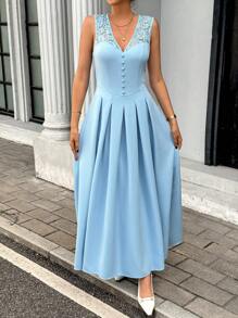 Pariaura Women's Elegant Lace Splice Office/Commuting Dress - Blue - View 6