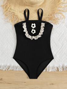 女童可爱纯色3D花朵连体泳衣，适合海滩度假，夏季 - 黑色 - 查看 3