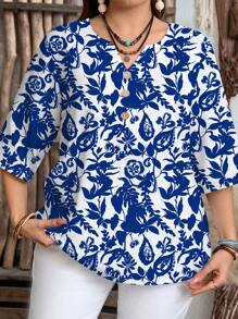 EMERY ROSE Casual Floral Print Loose Blouse, Suitable For Plus Size, Spring/Summer Suitable For Going Out Chic Blouses For Women,Flower/Vacation - Blue and White - View 5