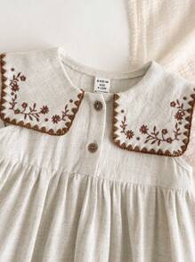 Loomiva Baby Girl Floral Print Lapel Sleeveless Waist Cinched Waist Dress - Apricot - View 6