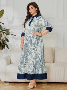 Lacomfia Vestido de talla grande con estampado de bloque de color y cuello de camisa - Azul - Ver 5