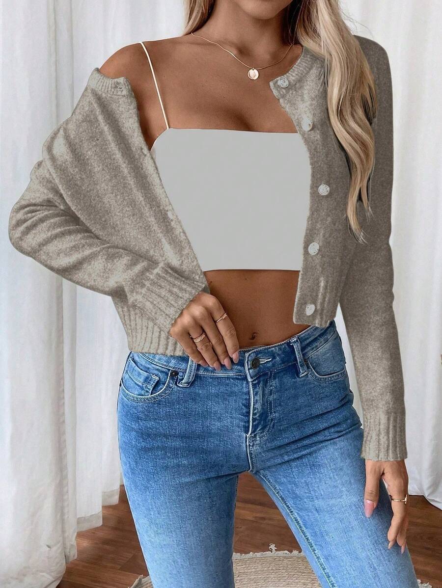 EMERY ROSE Cárdigan corto informal de un solo botonadura de manga larga y unicolor para mujer