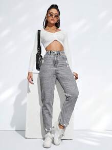 Flexra Quần Jeans Ống Đứng Thường Ngày Rộng Rãi Có Túi Rách Cho Nữ, Quần Jeans Nữ Thường Ngày Có Nút, Túi, Rách, Khóa Kéo, Cạp Cao Ôm Sát/Màu Cà Rốt Dài Màu Xám Nhạt Mom Fit Dáng Thường Ngày Cho Nữ, Mùa Xuân/Thu, Trang Phục Thường Ngày Hàng Ngày - Màu Xám nhạt - Xem 3