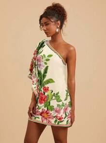 Travachic Floral Print One Shoulder Batwing Sleeve Women Mini Dress, Summer - Apricot - View 3
