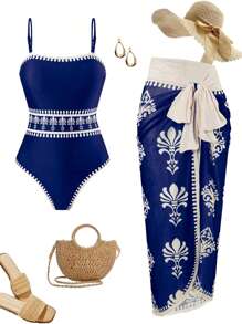 Swim Oasis 2025 新款女士两件套伊比沙岛泳装，花朵印花细肩带连体泳衣和网眼长裙，海滩度假休闲夏季泳装套装 - 藍色 - 查看 1