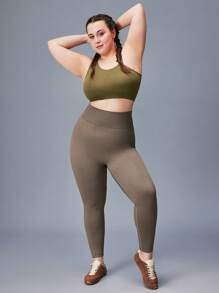 LUVLETTE Plus Women's Seamless Wide Waistband Waist Elegance Yoga Fitness Active Gym Basic Leggings - Brown - View 13