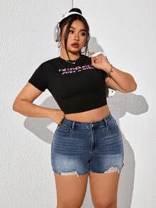 SHEIN ICON Plus Size Ripped Skinny Pocket Jean Shorts, Sexy For Summer - Blue - View 6
