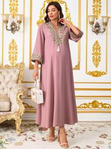 SHEIN Elegant Lace Decorated Long Maternity Dress,Maternity Clothes - Pink - View 6